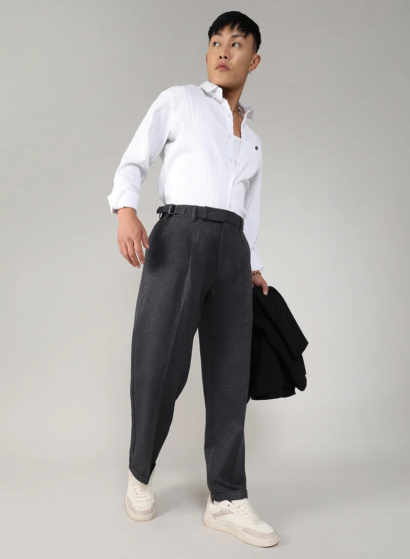 Campus Sutra  Men's Charcoal Black Tailored Linen-Blend Trousers For Casual Wear | Tailored Fit | 4 Pockets | Hook Closure | Trousers Crafted With Comfort Fit For Everyday Wear for Men | Best Price UAE